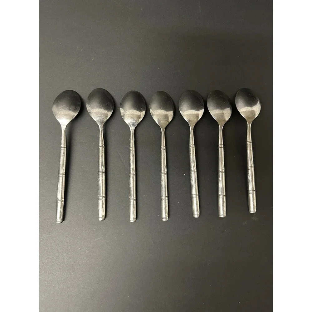 Stainless Flatware Teaspoons Horizontal Bands Wavy Lines Bamboo-Like Set Of 7